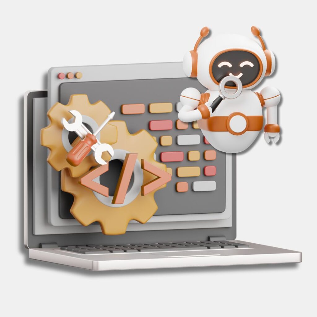 Top software development company in Ludhiana – robot with coding gear on laptop screen